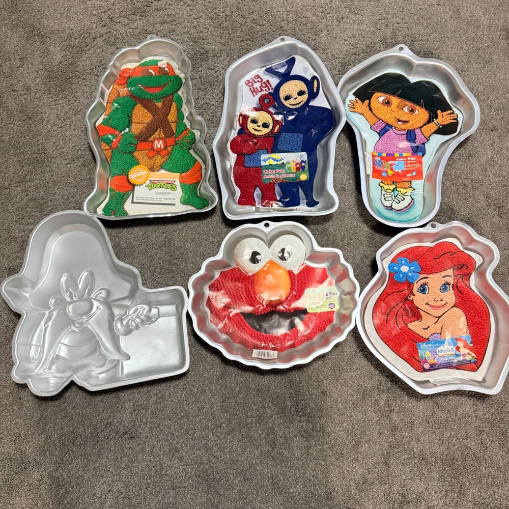 Lot of 6 Wilton Character Cake Pans TMNT Elmo Dora Ariel Teletubbies Bugs Bunny